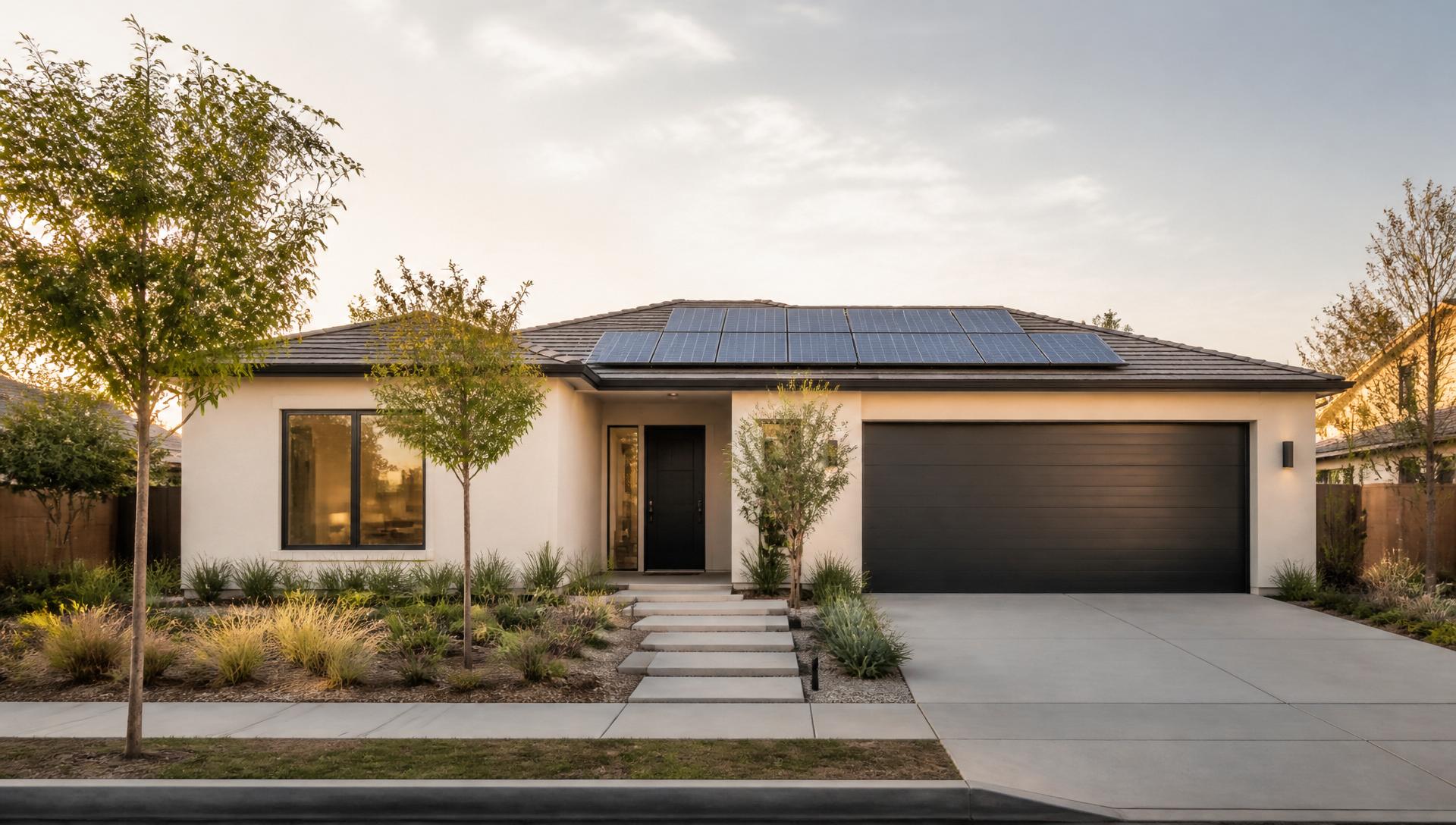 California home with rooftop solar panels in warm afternoon light